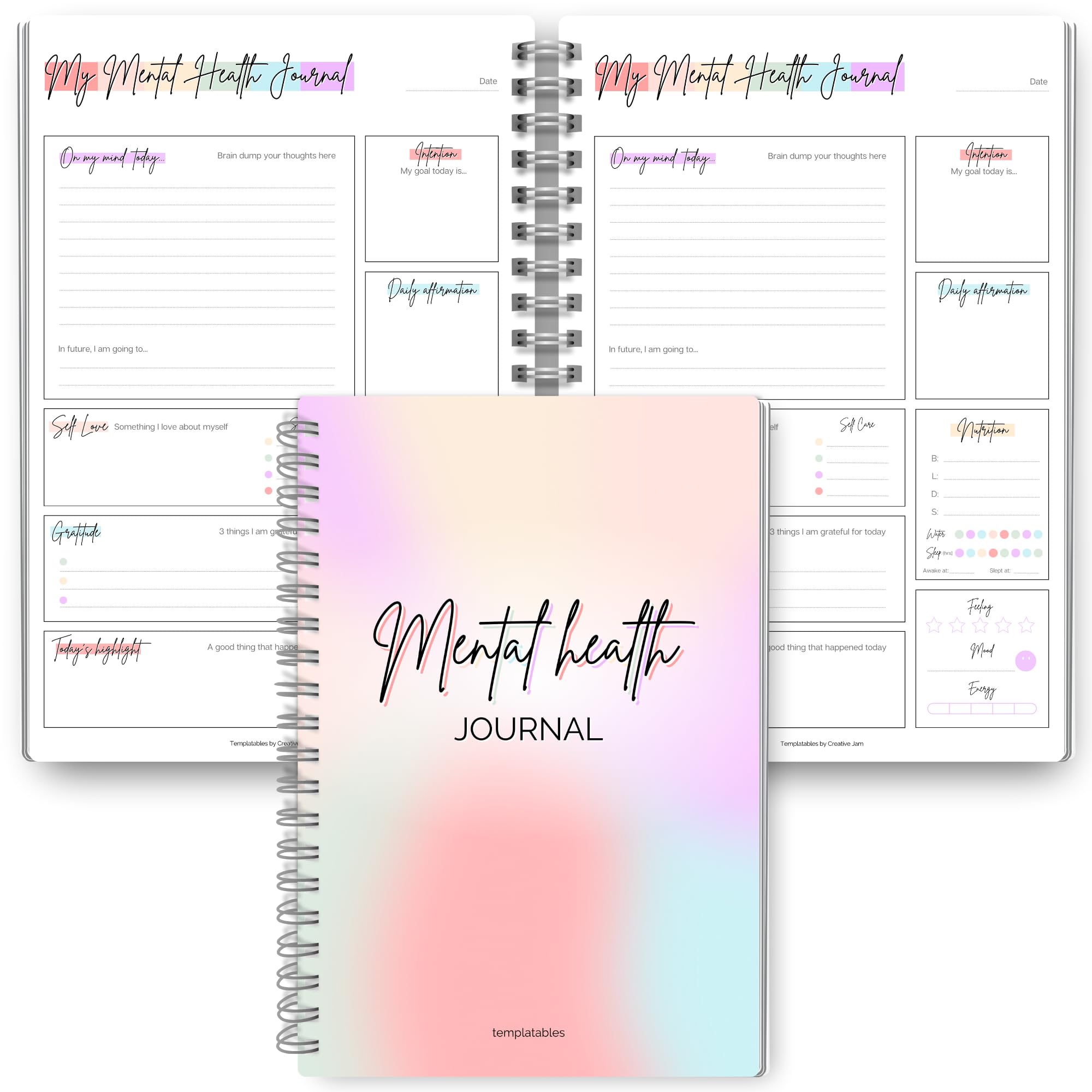 Mental Health Journal | Daily Gratitude, Self Care, Intentions, Affirmations and Nutrition - A5 Pastel Rainbow — image 1