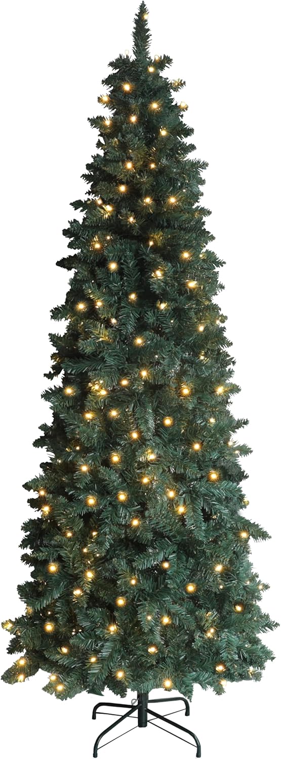 Trees - MUPATER 6ft Pencil Christmas Tree, Pre-Lit Artificial Christmas Tree with Metal Stand, Warm White Lights Holiday Decoration for Home, Office, Party(Green)