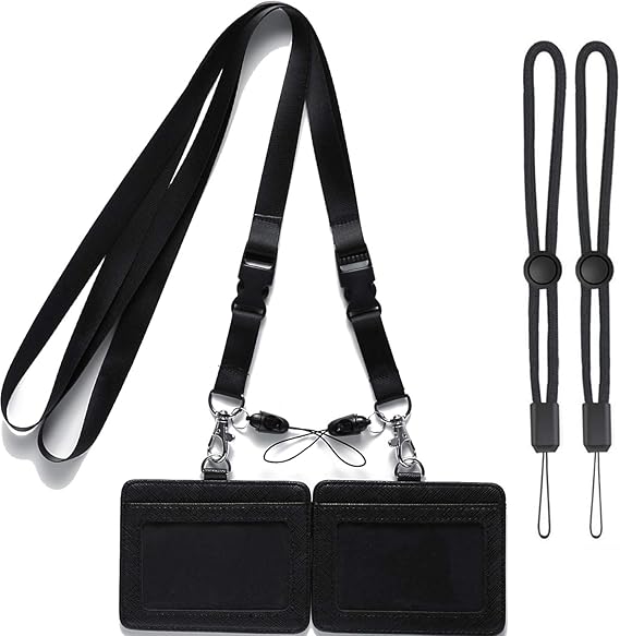 ID Badge Holder Leather with Neck Lanyards Black