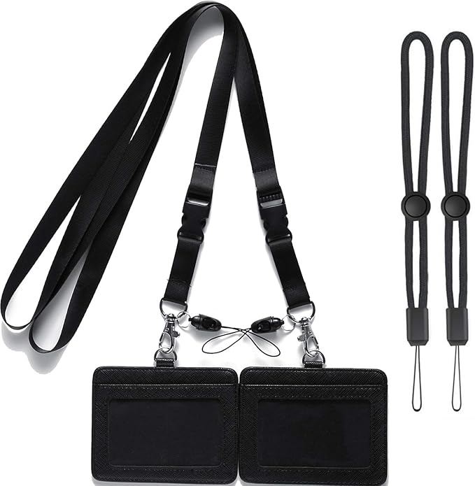 ID Badge Holder Leather with Neck Lanyards Black