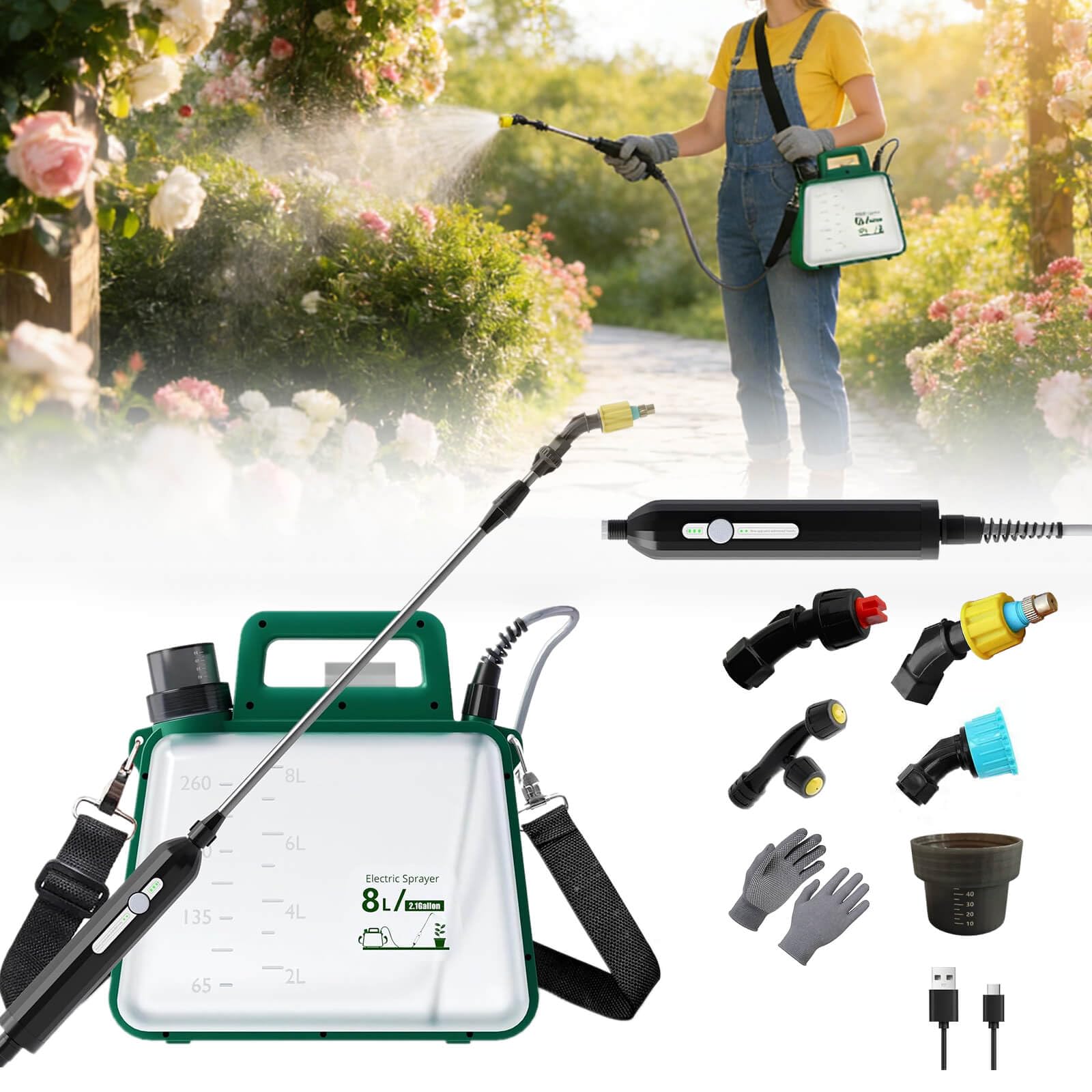 Photo 1 of **CLOG IN TUB** Battery Powered Garden Sprayer 2.1 Gallon,2026 New 2500mA Electric Weed Sprayer with Rechargeable Handle,4 Mist Nozzles, 37" Retractable Wand & Adjustable Shoulder Strap,Weed Sprayers for Lawn & Yard