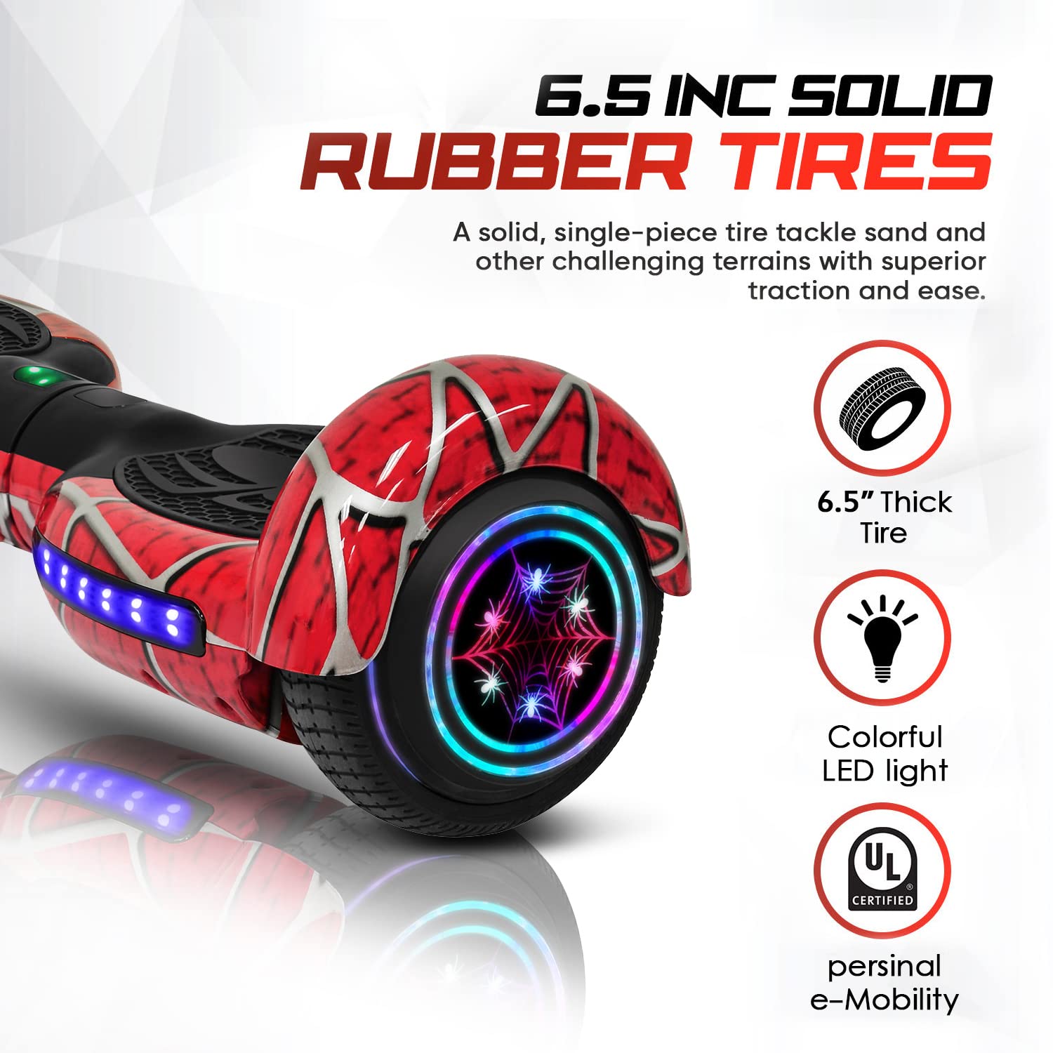 Spider-Pattern Hover Board for Kids Ages 6-12, with Bluetooth Speaker and LED Lights 6.5