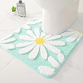 QJHOMO Toilet Rugs U Shaped, Green Toilet Mat Cute Daisy Contour Bath Rug 20"x20", Extra Thick Soft Machine Washable Toilet Carpet, Non Slip Bathroom Floor Mats Super Absorbent Microfiber Bath Rugs