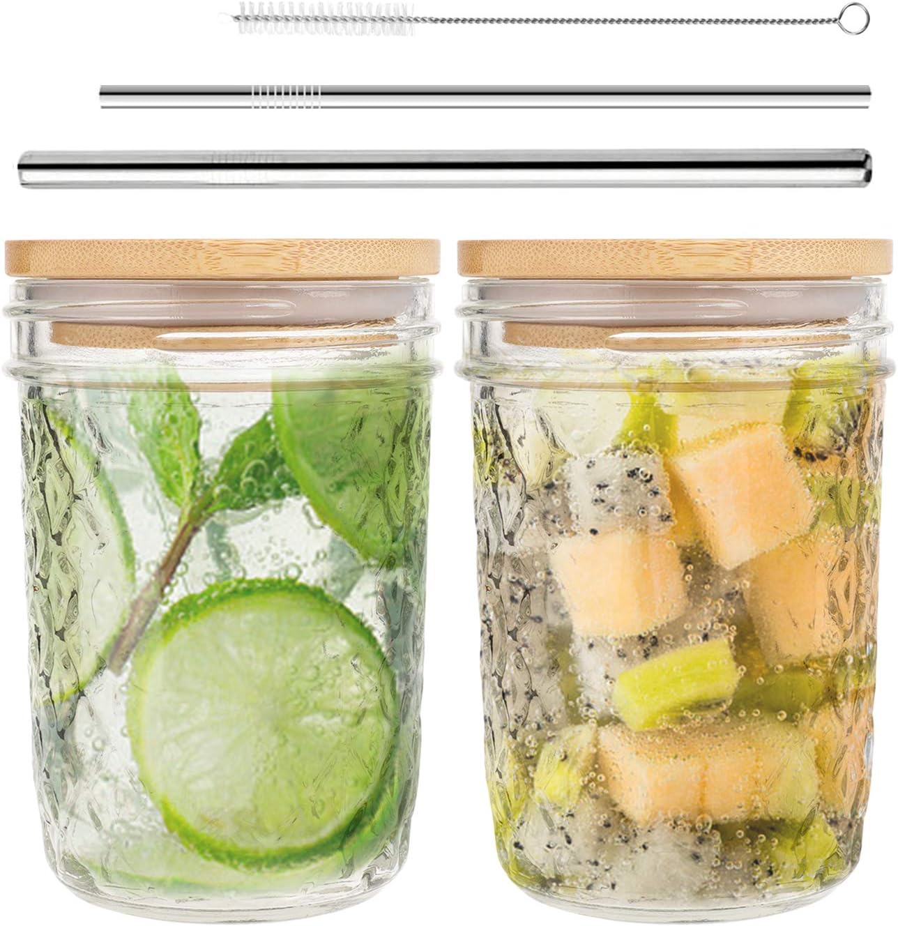 Wide Mouth Mason Jar Lids, Mason Jar Drinking Glasses With Diamond-Shaped Texture 16 OZ, Set of 2 Mason Jar Cups with Lids and Straws, for Jam, Juices, Honey, Cocktail, DIY Spice Jars