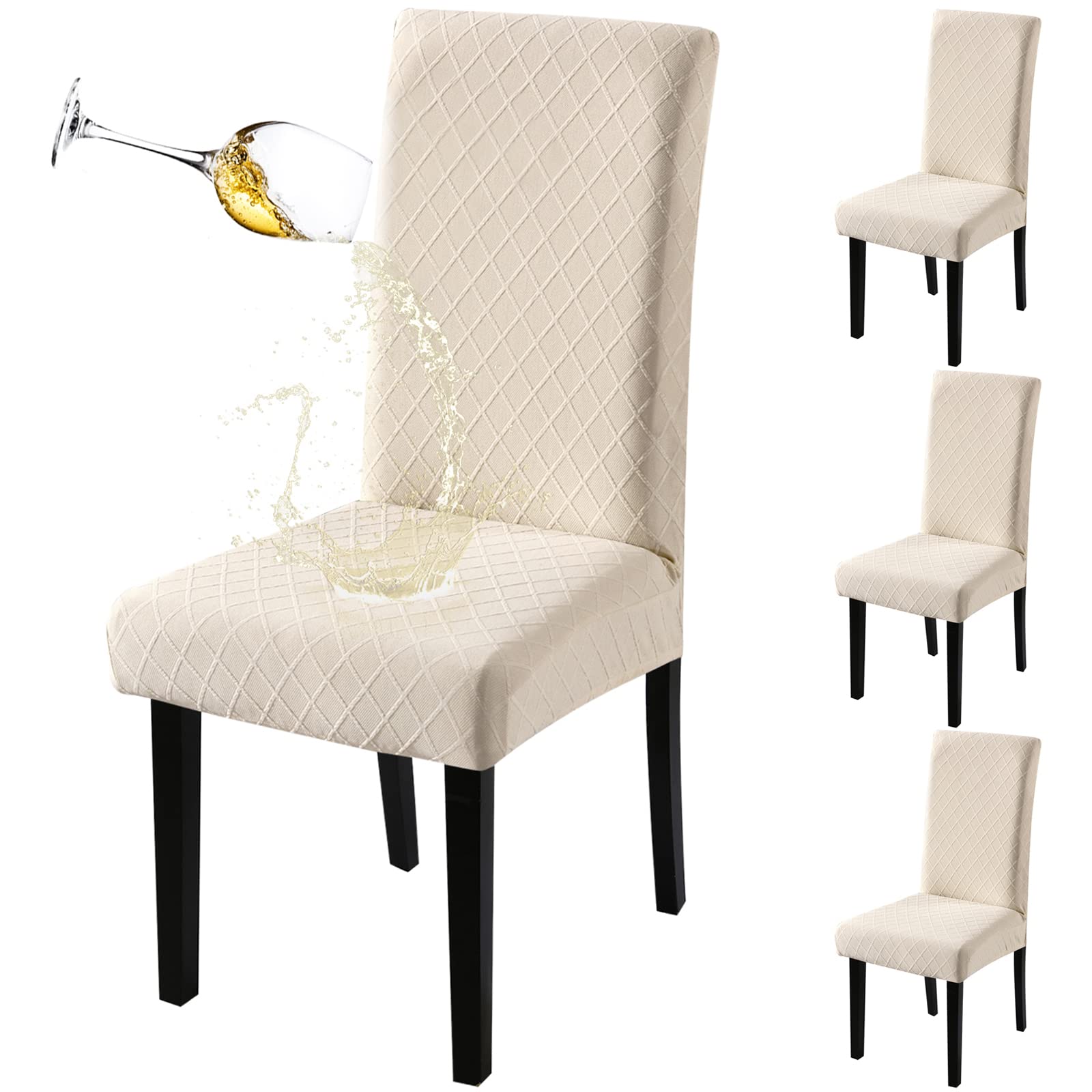 Fuloon Waterproof Chair Covers Jacquard Seat Cover for Dining Room Chairs Set of 4, Stretch Removable Chair Seat Slipcovers Protector, Off-White