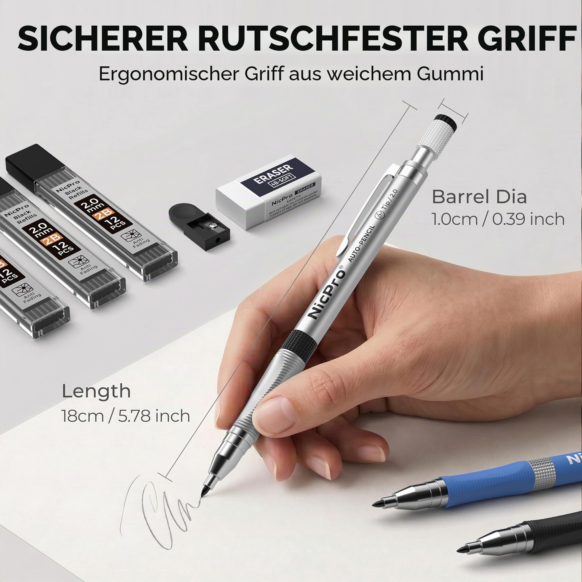 Nicpro 3 Stücke Druckbleistifte Set Fallminenstift Mechanische Bleistifte 2mm mit 6 Dosen Bleimine (HB 2B), Radiergummis, Anspitzer für Schreiben Zeichnen 3