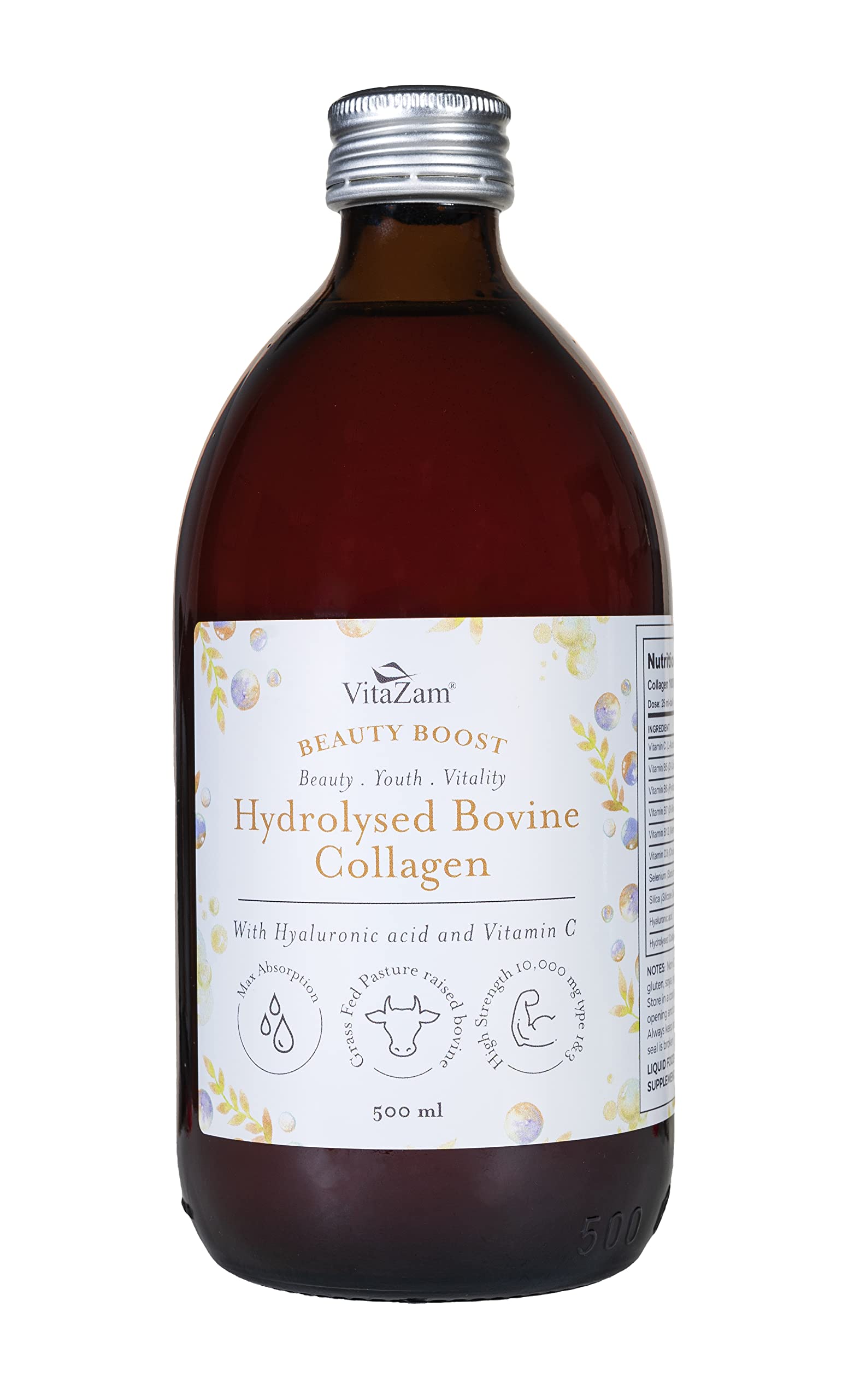 VitaZam Bovine Collagen Liquid 10000mg with Hyaluronic Acid, Silica, Biotin, Vitamin C, Vitamin B12, Healthy Skin, Hair, Nails, Joints, Liquid Collagen for Women & Men