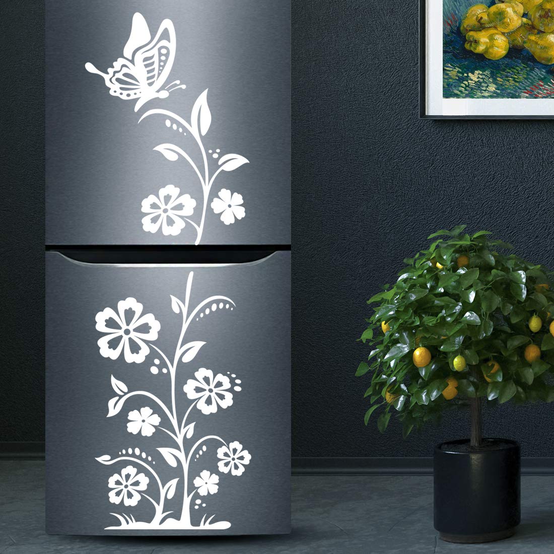 Butterflies Flowers Sticker Fridge Wall Stickers Floral Window Art Cafe Kitchen Decal Bedroom Decoration Ornament Shop Posters Living Room Decals Furniture Decorative Vinyl Home Mural