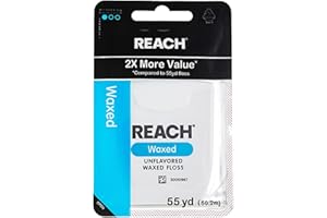 REACH Waxed Dental Floss,Unflavored, Plaque Remover for Teeth, Shred Resistant, Floss Slides Smoothly, Easy to Use, Waxed, Deep Cleaning Teeth, Oral Care, PFAS Free, for Adults & Kids, 1 Pack, 55 yd