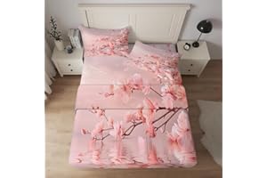 Pink Cherry Blossom Full Size Bed Sheets 4 Piece, Japanese Floral Pattern Sheet Set with 16 Inch Deep Pocket, 3D Flower Natur
