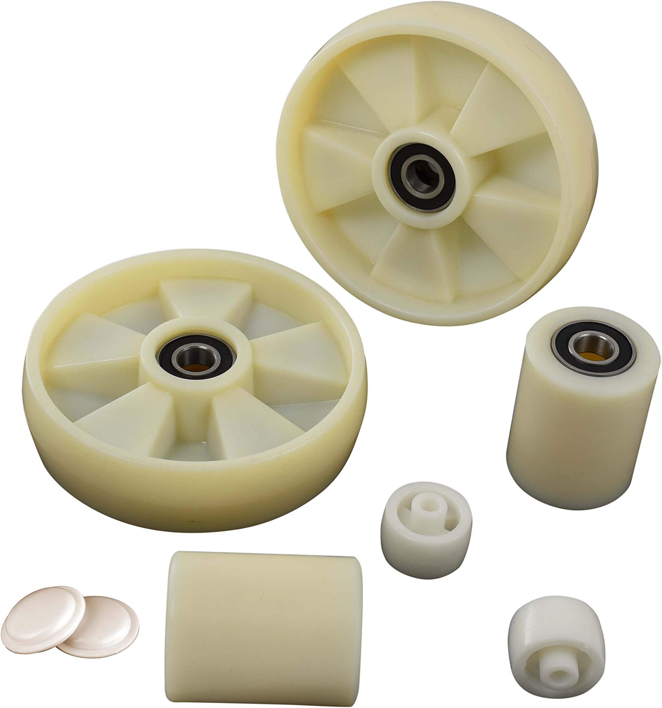 Pallet Jack/Truck Wheels Set (8 pcs) Steer Wheels 7.5" x 2" and Load Wheels 3"x3.75" with Bearings ID 20mm Nylon and Entry/Exit Rollers and Protective Caps