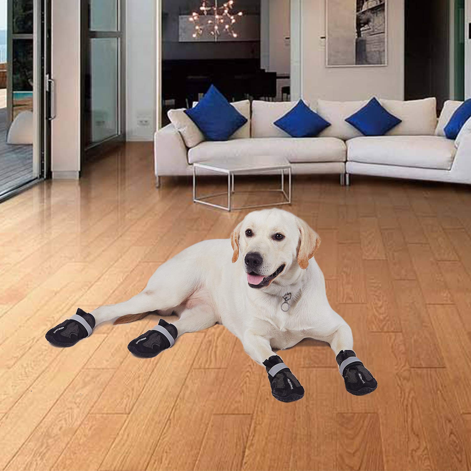 PROPLUMS Dog Boots Waterproof Shoes with Reflective Tape and Wear-Resisting Soles Black Grid Design for Small Medium Large Dogs 4 pcs (Size 8: 3.3\