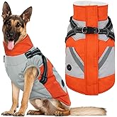 IECOii Dog Coat for Large Dogs, Orange, X-Large - Waterproof Winter Fleece Jacket with Harness, Turtleneck, Reflective Straps, Zipper Closure