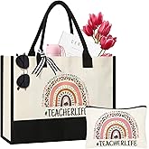 Teacher Gifts for Women, Canvas Tote Bag with Makeup Bag, Beach Bag with Zippe