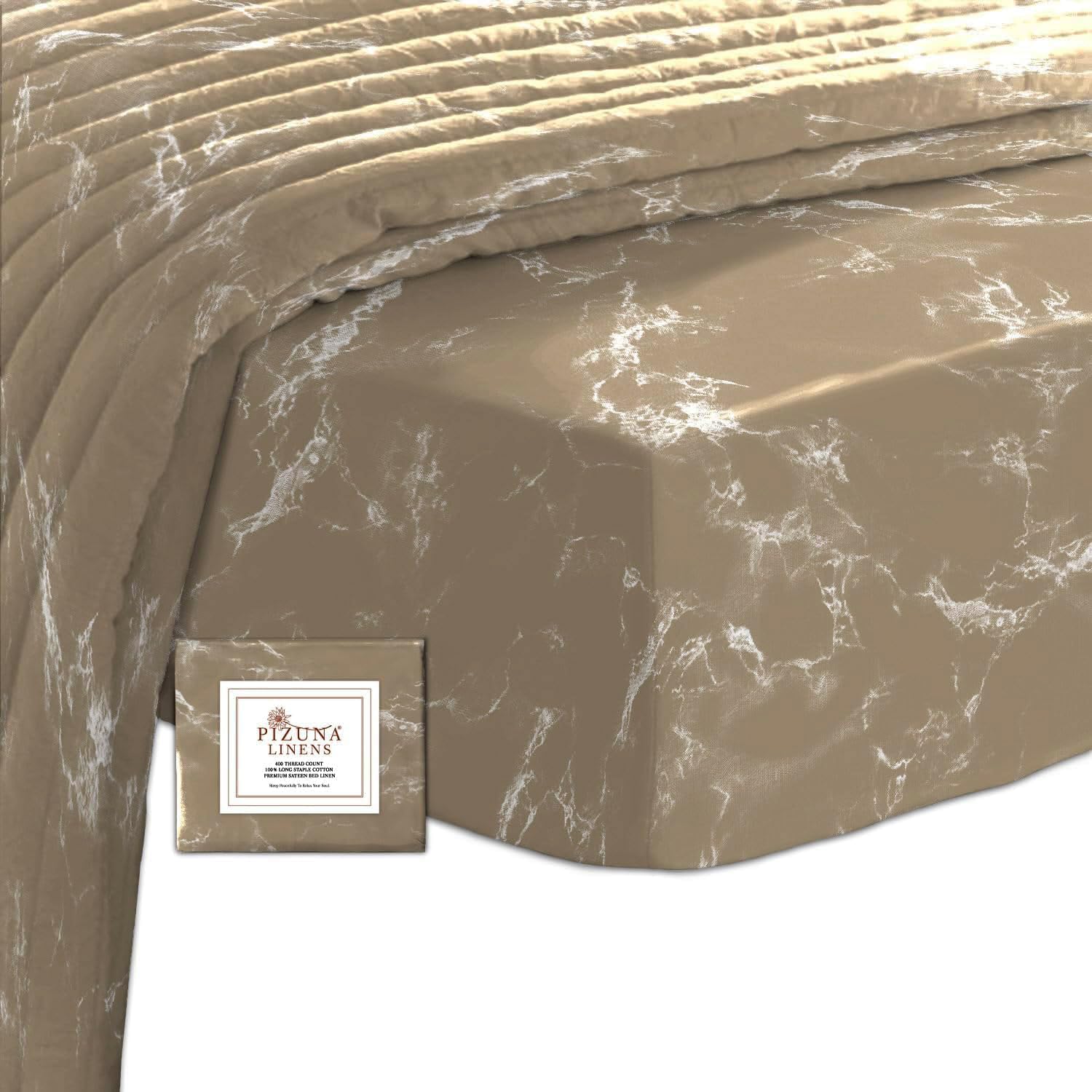 Pizuna Cotton Marble Taupe Printed Fitted Sheets King Size 1 Pc, 400 Thread Count 100% Long Staple Cotton Sateen deep fitted king size sheet 150x200 of 40 cm Deep Pocket (Printed Bed Sheets) — image 1