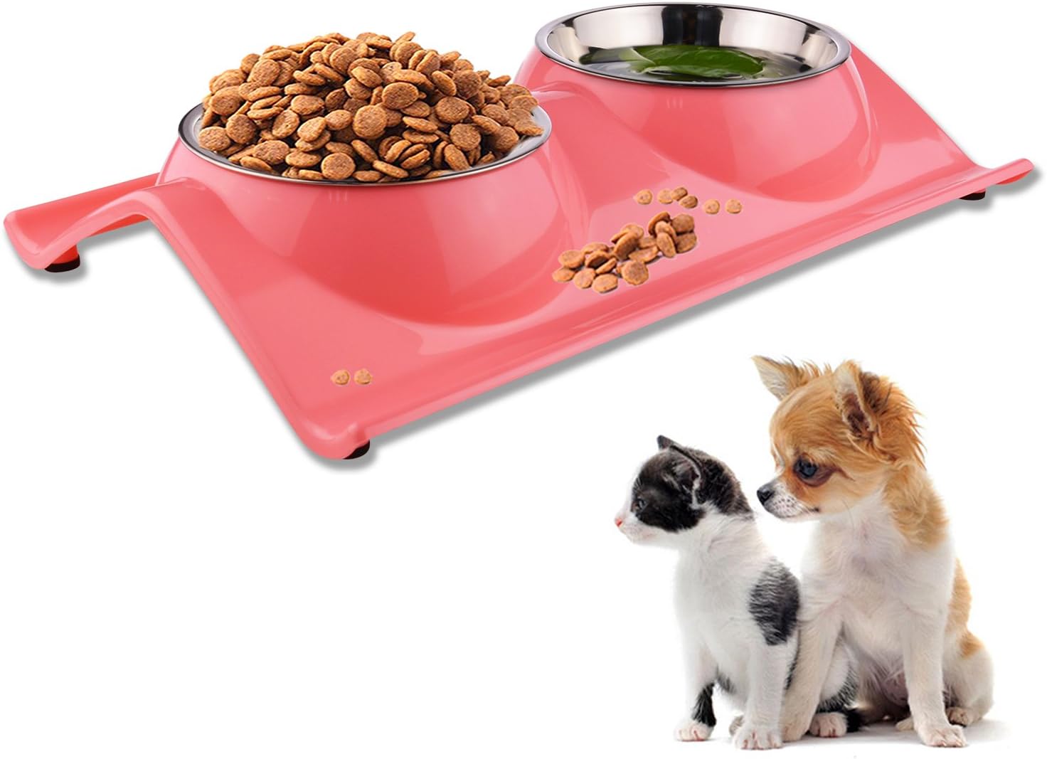 Pet Dog Bowl Food Water Dish Feeder Bowls Double Stainless Steel Cat Puppy Bowls No spill & No Skid for Small Animals (Pink)