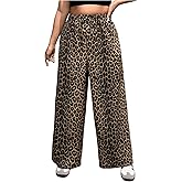 MakeMeChic Women's Plus Size Cheetah Print Wide Leg Summer Pants Casual Drawstring Waist Trousers
