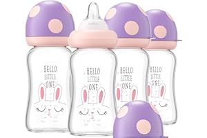 YOHKOH Natural Glass Baby Bottle with Natural Response Nipple, Newborn Anti-Colic Baby Bottles, Wide Neck Mushroom Cap Baby Bottle, Clear ((5.4oz (Pack of 4), Purple)
