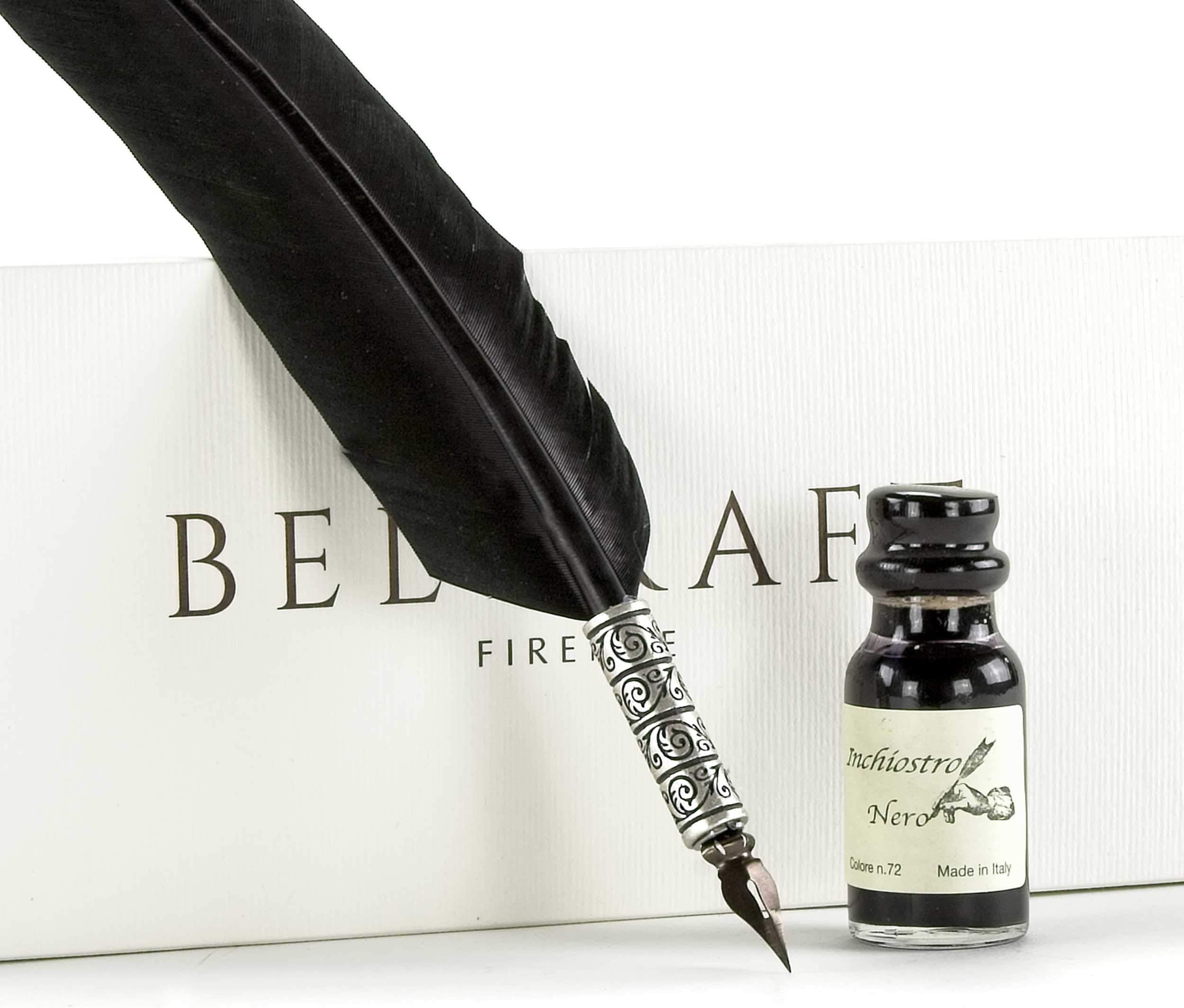 Atene Writing Set Feather Pen Black, Quill Pen Set, Handmade Classic Italian Style, Including Special Box