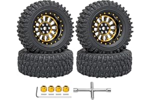 LRFHL 1.3" Beadlock Wheel Tires Aluminum 1.3 Beadlock Wheels and Tires Upgraded 1.45-inch Wheel for 1/24 SCX24 1/18 TRX4M RC Crawler Car Upgrade (4PCS, Gold)