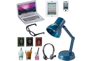 DIINOKIY 12Pcs Dollhouse Miniature Laptop Computer Tablet Phone Lamp Book Glasses Coffee Headset Simulation Accessories 1/12 1/6 Toy Pad Play Set Fits Barbie Doll Girl Mini Drink Party Office (Bule)