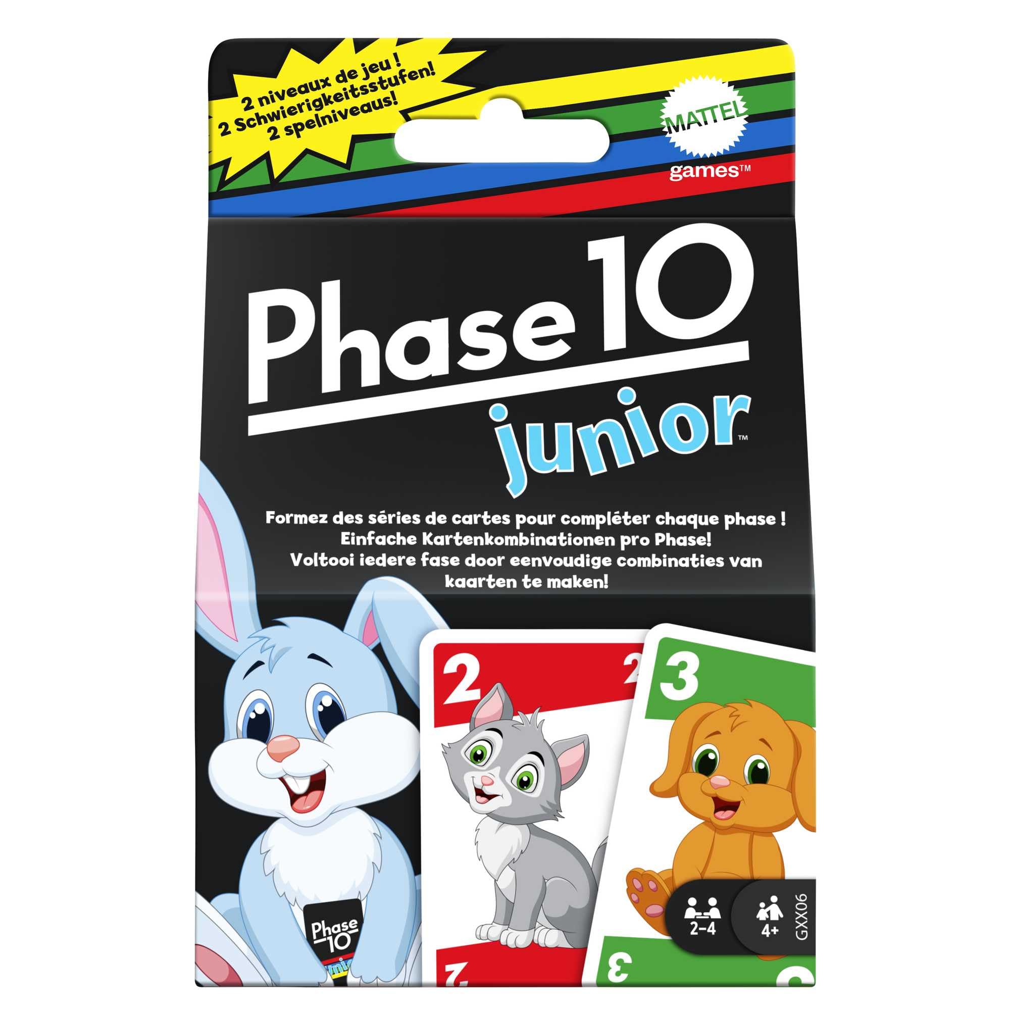 Mattel Phase 10 Junior - Rommé-artiges Spiel mit Mehreren Spielebenen, 56 Karten mit Tierbildern, für 2 bis 4 Spieler, für Kinder ab 4 Jahren, GXX06