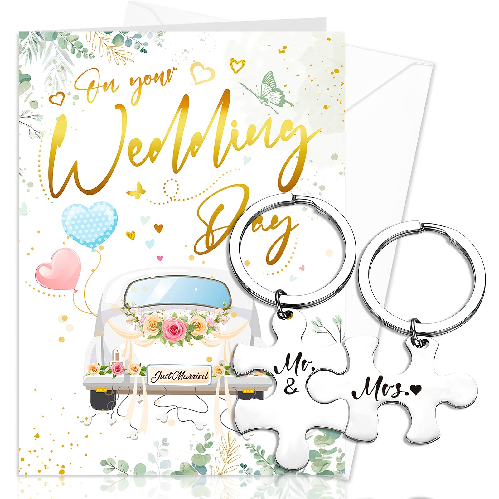 HOWAF Wedding Cards for Bride and Groom, Congratulations Card & Mr and Mrs Keyrings, Wedding Gifts for Bride and Groom, Couple, Mr and Mrs Gifts