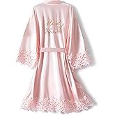 Vamelia Women's Silky Bride Bridesmaid Robes Satin Kimono Party Bathrobe With Lace Trim Embroidery Wedding Day Dressing Gown