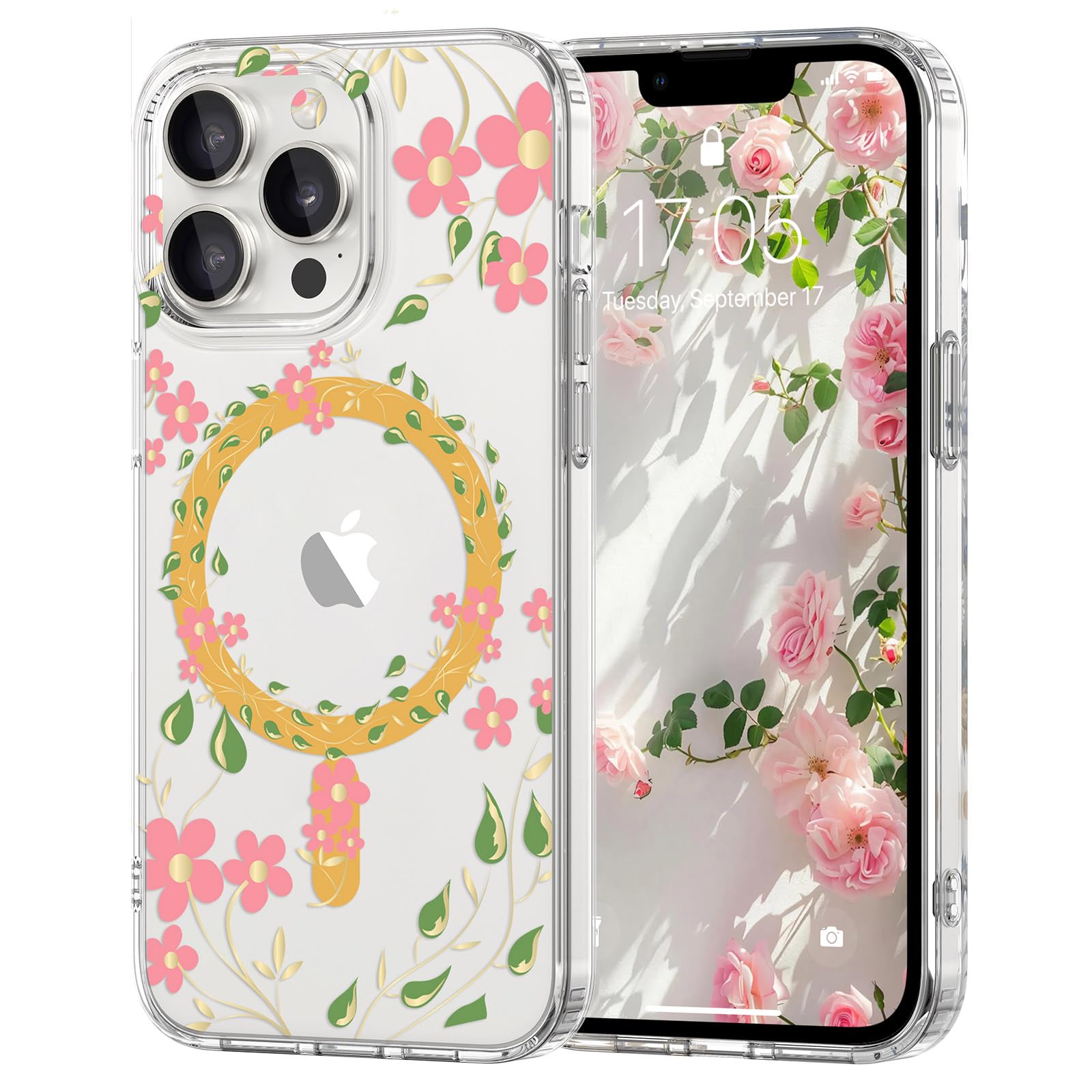 Pepmune Magnetic for iPhone 13 Pro Case Floral, Cute Luxury Clear Flower Cover for Women Girls Elegant Aesthetic Soft [Compatible with Magsafe] Protective Phone Case for iPhone 13 Pro, Pink Petal