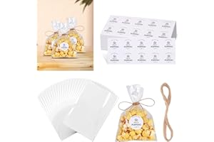 AIOMOB 50 Set Housewarming Popcorn Sticker Clear Popcorn Favor Bags Thanks for Popping by Popcorn Bags with Jute String Treat Bags for Housewarming Open house Party