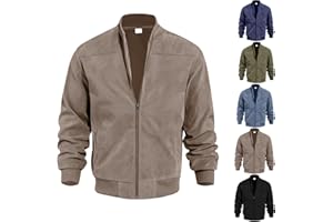 Mens Casual Full Zip Up Faux Suede Bomber Jacket, Spring Fall Vintage Lightweight Zipper Thin Jackets with Pockets