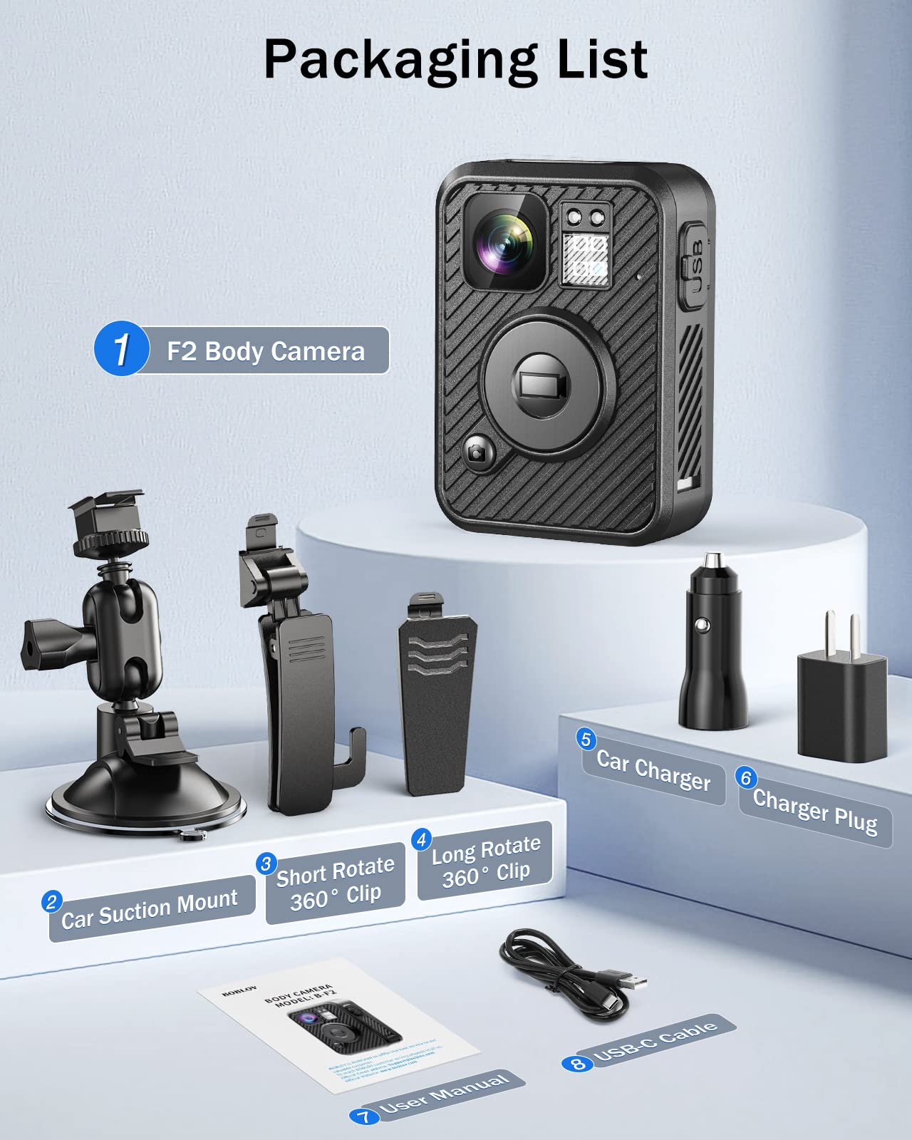 BOBLOV Body Camera, F2 64GB Body Worn Camera, GPS WiFi Enabled,1440P/30fps 2K Body Camera for HD Video, Dual Screens Display Equipped, for Security Guard, Police, Delivery Recording