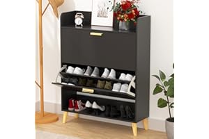 Garden 4 you Shoe Cabinet with 2 Flip Drawers, Freestanding Shoe Cabinet Organizer with Wooden Leg, Narrow Shoes Storage Cabinet for Entryway, Hallway, Living Room, Bedroom (Black)