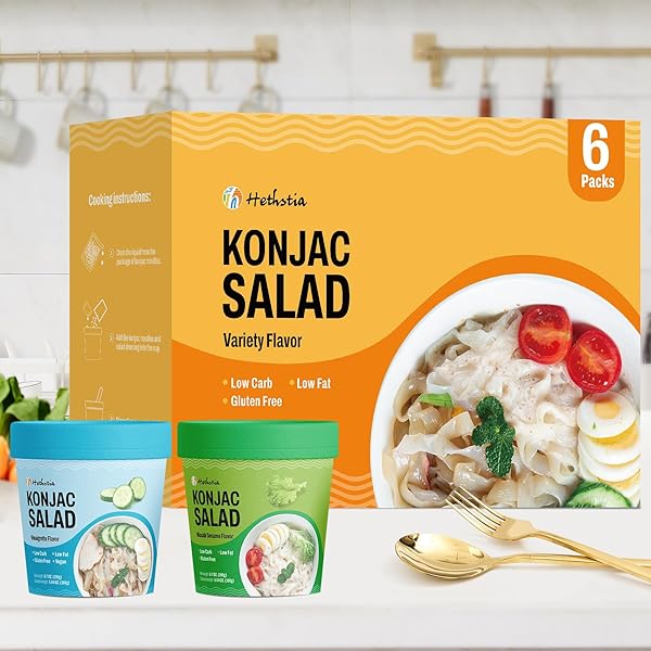 HETHSTIA LOW CARB PASTA, GLUTEN-FREE SHIRATAKI KONJAC NOODLES WITH VINAIGRETTE & WASABI SESAME SAUCE, COLD KETO SIDE DISH, 6-PACK PRE-PACKAGED MEAL, QUICK HEALTHY READY-TO-EAT FOOD