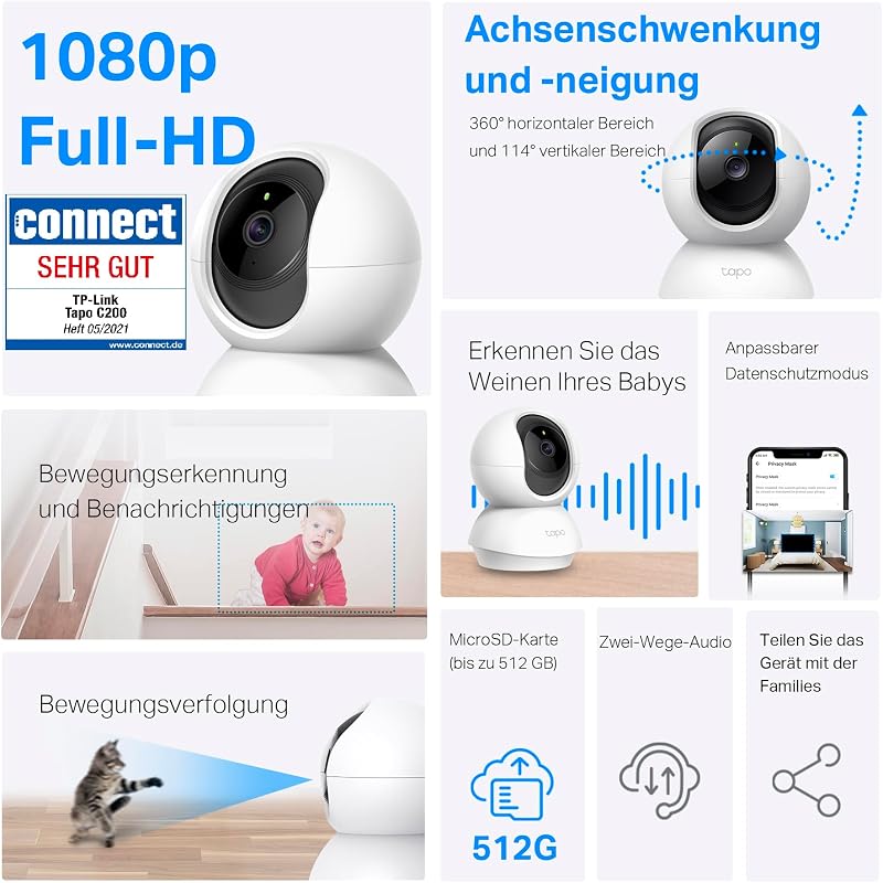 TP-Link C200P2 360° Überwachungskamera für den Innenbereich, 1080P, Nachtsicht, Bewegungserkennung, Zwei-Wege-Audio, kompatibel mit Alexa&Google Assistant, für Babys/Haustiere, 2 stück C200