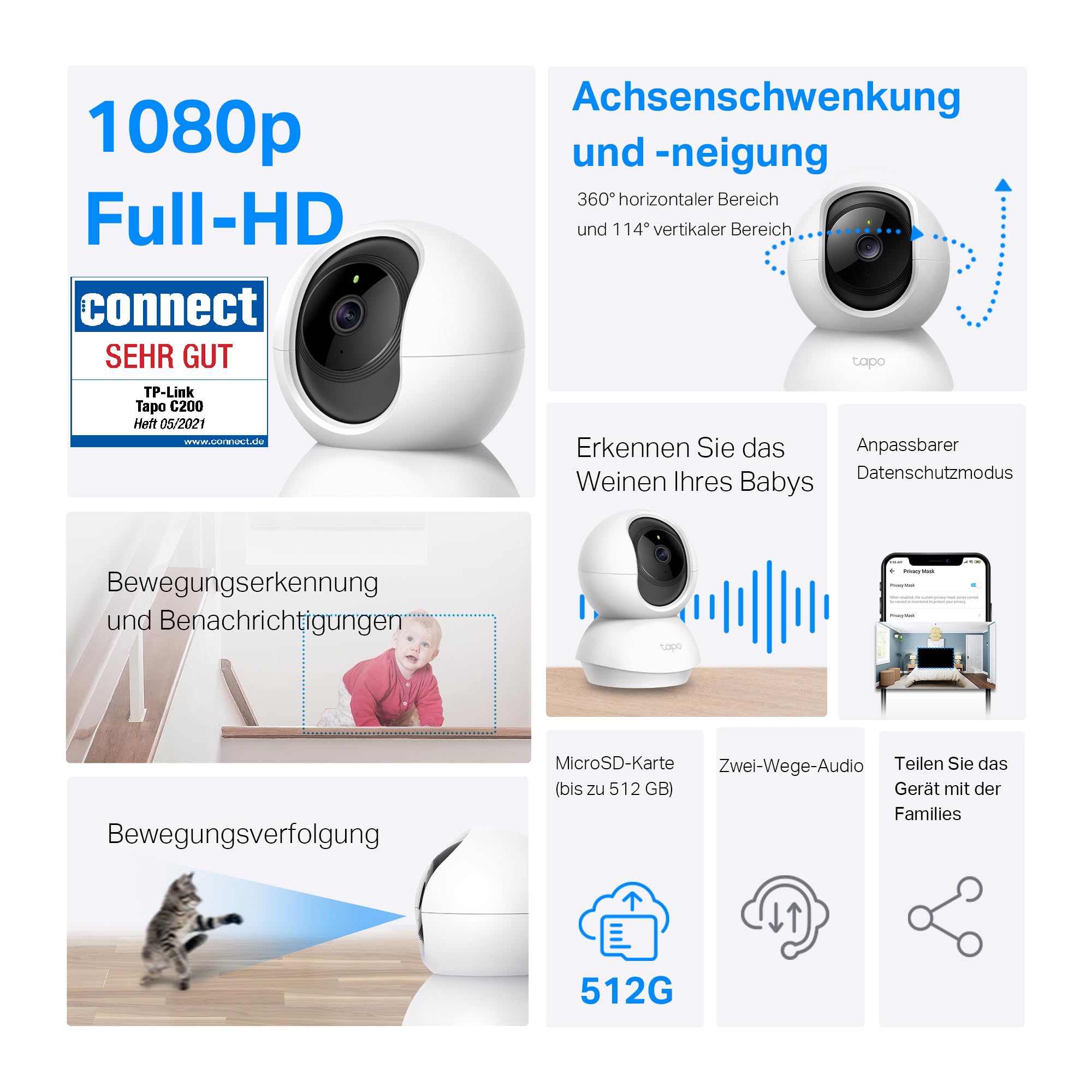 Tapo TP-Link C200P2 360° Überwachungskamera für den Innenbereich, 1080P, Nachtsicht, Bewegungserkennung, Zwei-Wege-Audio, kompatibel mit Alexa&Google Assistant, für Babys/Haustiere, 2 stück C200 3