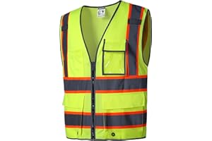 SKSAFETY 10 Pockets Safety Vest, Class 2 High Visibility Security with Zipper Back Mesh, Hi Vis Vest with Reflective Strips, ANSI/ISEA Standard, Construction Work Vest for Men ＆ Women （Lime, XL）