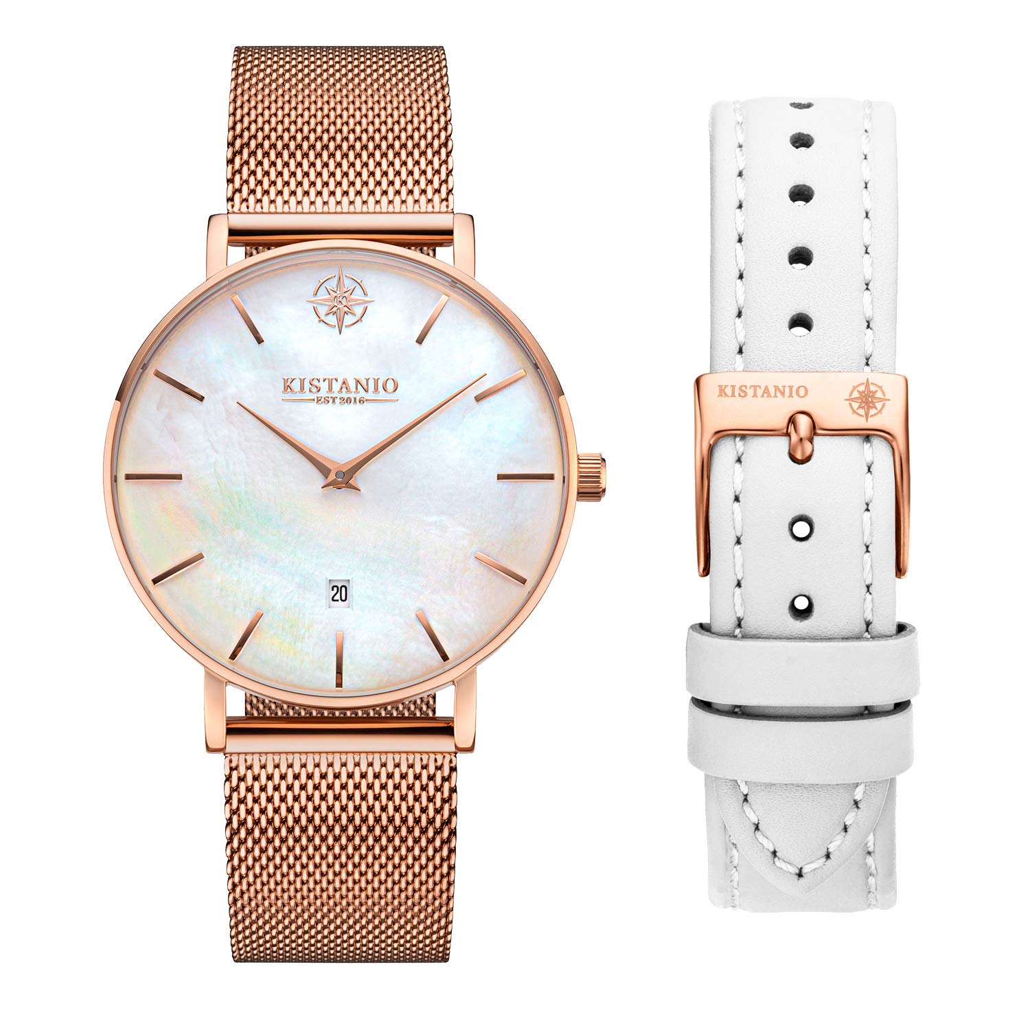 Kistanio Moyen RG-PM-M-L-WH Women's Watch with Sapphire Glass and Milanese Strap + Extra Leather Strap