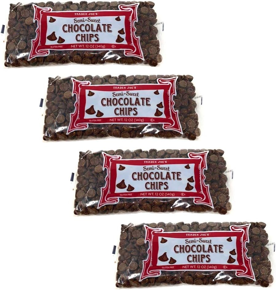 Trader Joes Semi Sweet Gluten Free Chocolate Chips (Pack of 4) - 12 oz Per Bag - 3 Pounds Total of Baking Chips