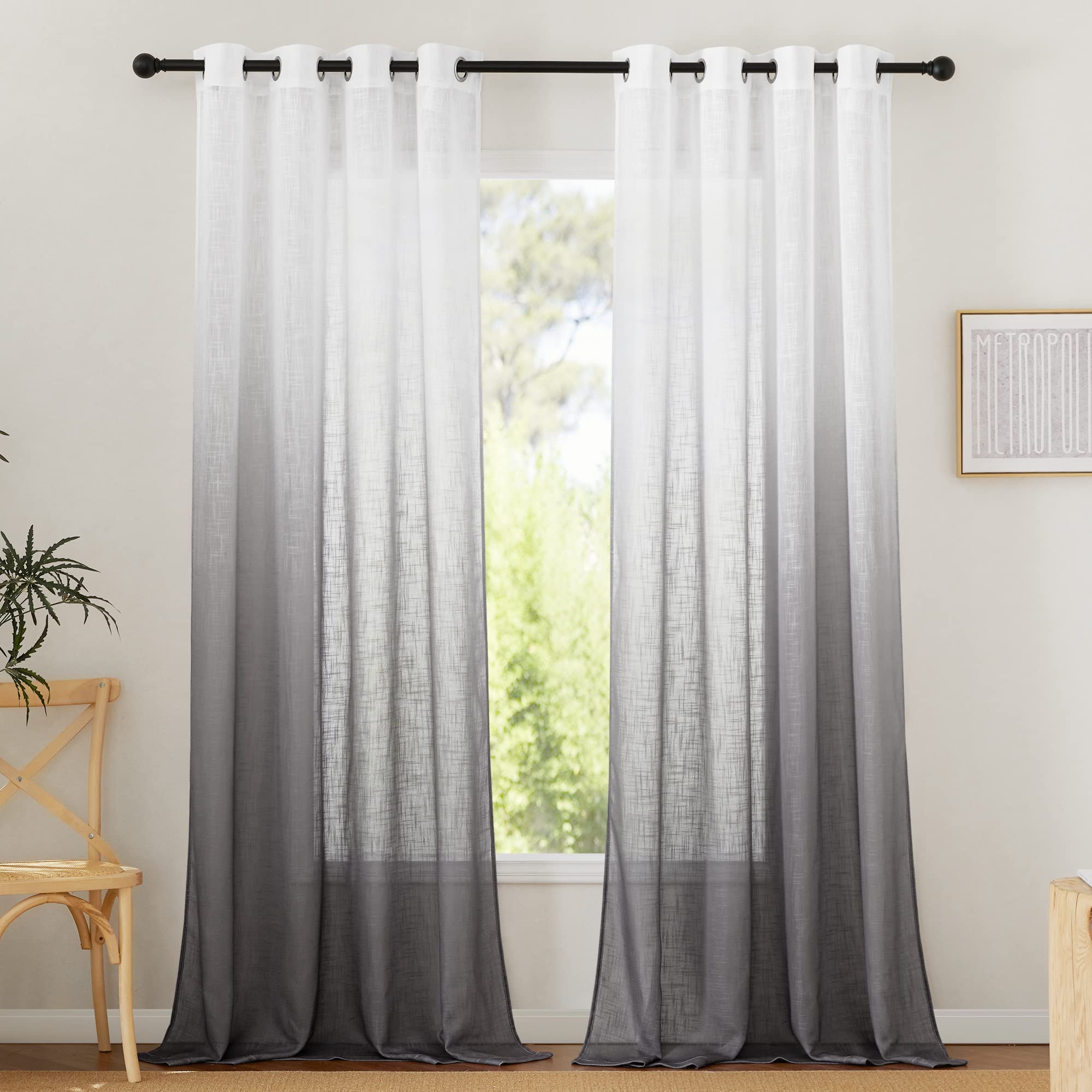 PONY DANCE White Semi-Transparent Gradient Grey Curtains Set of 2 H 96 x W 55 inch Modern Linen Look Voile Curtains Living Room Bedroom