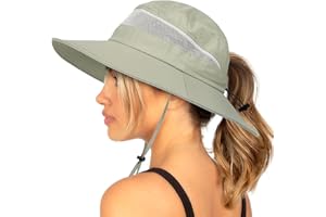 SHINCHIC Waterproof Bucket Sun Hat for Women Wide Brim Breathable Mesh UPF50+ Safari Hat Criss Cross Ponytail Hole Outdoor Rain Hat