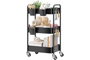 AOFURE 3 Tier Rolling Cart on Wheels, Metal Utility Storage Cart with Wheels, Three Tiered Craft Carts Organizer with Hanging Cups, Hooks, Mesh Basket for Bedside, Kitchen, Bathroom, Office, Art, Snack,Black