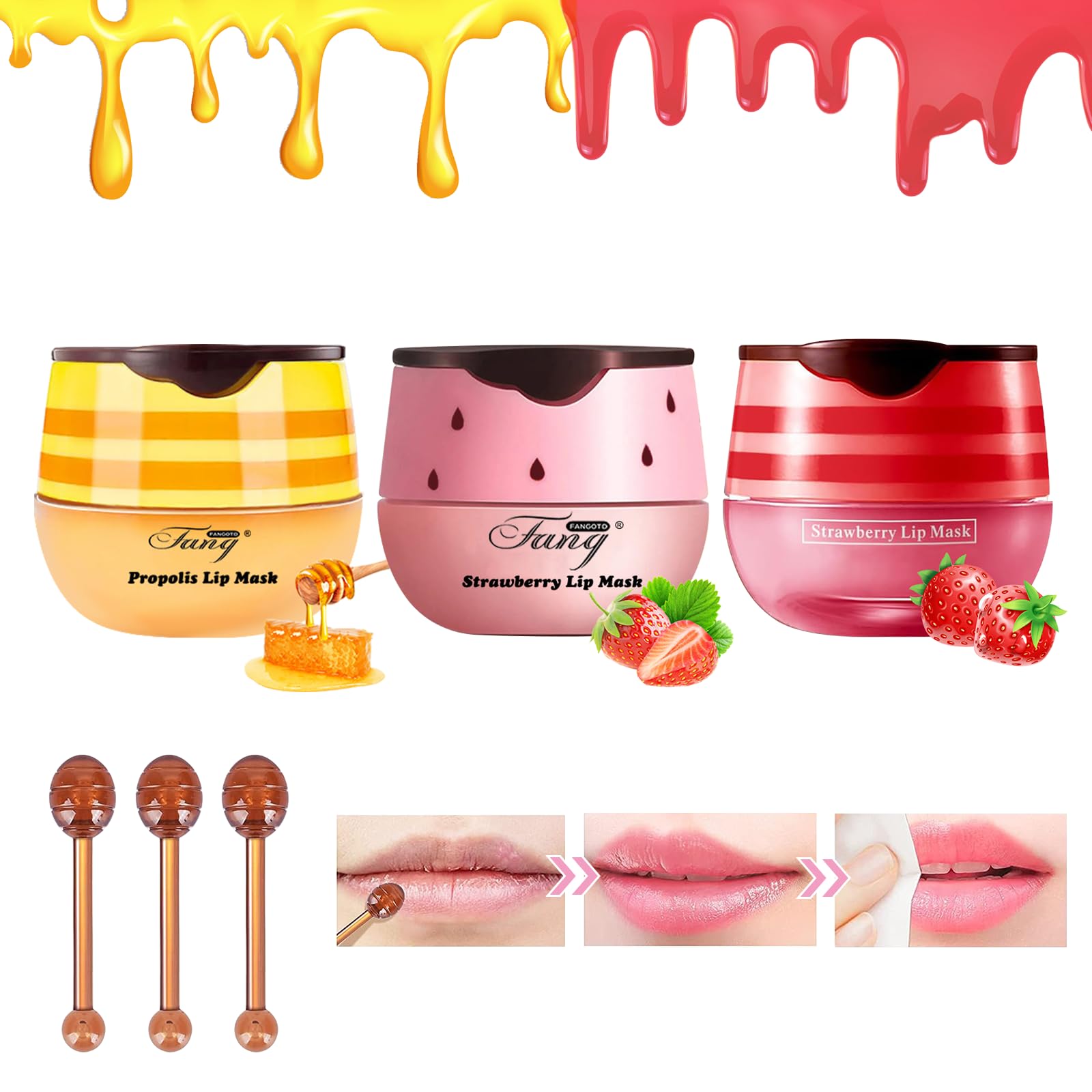 Bee Balm Lip Balm, 3 Pieces Honey Balm, Lip Care Moisturising Lip Mask, Lip Balm for Whitening Lip Wrinkles (1 Piece (Pack of 3), Honey + Strawberry 1 + Strawberry 2)