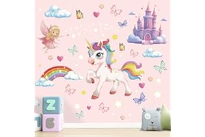 STICEARD Unicorn Wall Decals Rainbow Wall Stickers for Girls Bedroom Decor Butterflies Heart Star Clouds Fairy Pink Wall Stickers for Girls Kids Baby Nursery Room Decoration