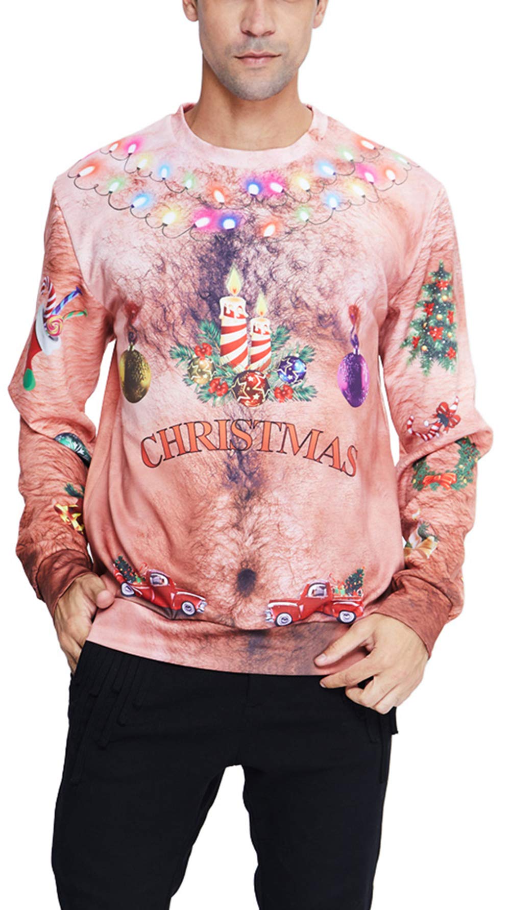 Goodstworld Funny Christmas Hairy Chest Sweater Cool Brown Novelty 3D Xmas Light Necklace Print Pullover Sweater Shirts Blouse Ugly Graphic Xmas Sweatshirts for Xmas Party Large