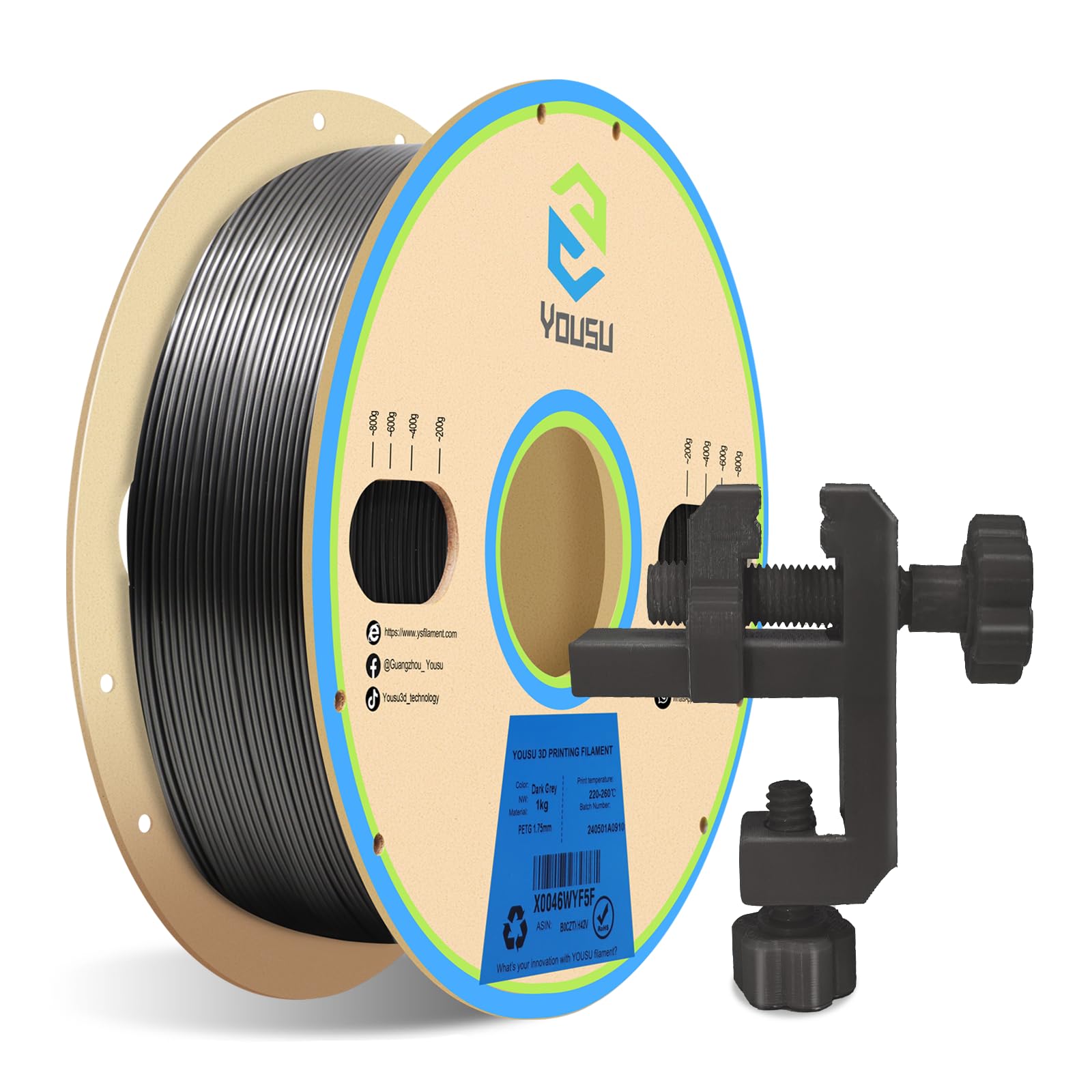 Photo 1 of YOUSU PETG 3D Printer Filament 1.75mm Dark Gray 1KG(2.2lbs), Better Physical Strength and Layer Bonding Performance 3D Printing Filament,Dimensional Accuracy +/- 0.02mm,Fits for Most FDM 3D Printers