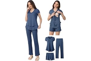 SUNNYBUY 3 PCS Maternity Breastfeeding Pajamas Set, Hidden Nursing Tops, Adjustable Pregnancy Shorts & Pants Postpartum PJS