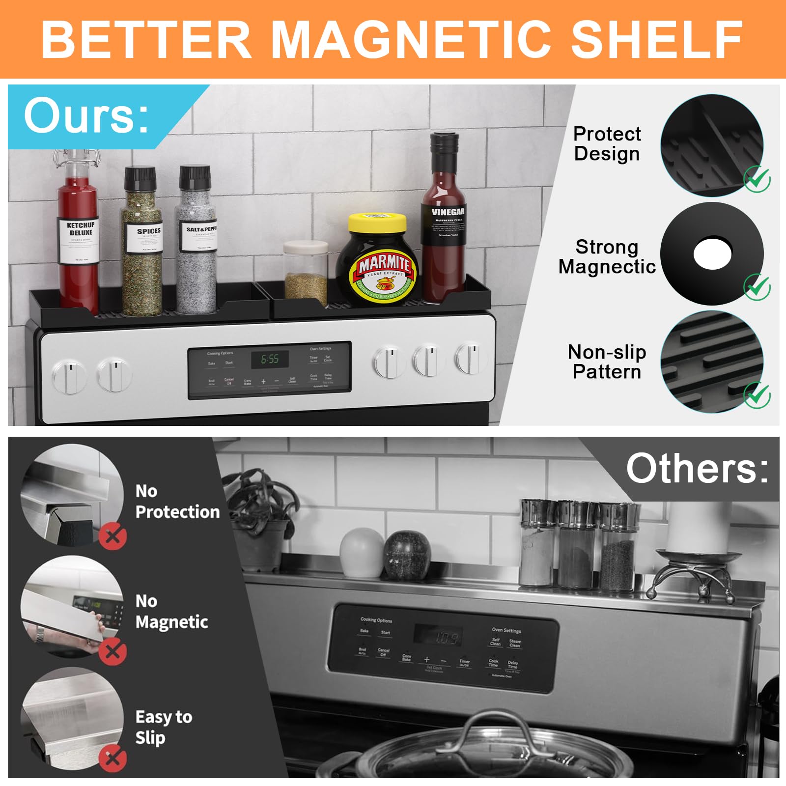 Silicone Stove Mat & Spice Rack Set: Stove Top Cover for Electric Stove, Glass Top Stove Protector for Range top, Extra Cook Space Store（Black,28x20）