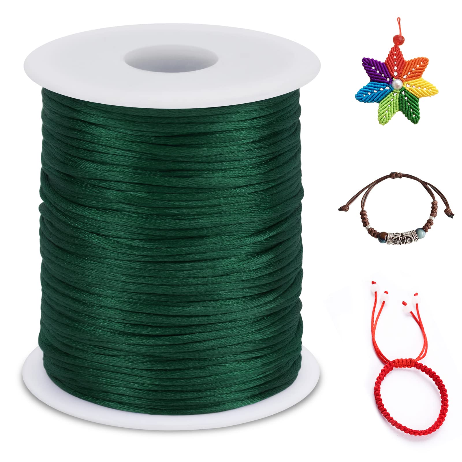 LEREATI Nylon Cord 2mm x 100m, Satin Cord Nylon String Macrame Cord, Coloured Beading Thread String for Making Bracelet, Necklace, Chinese Knot, Jewellery (Dark Green)