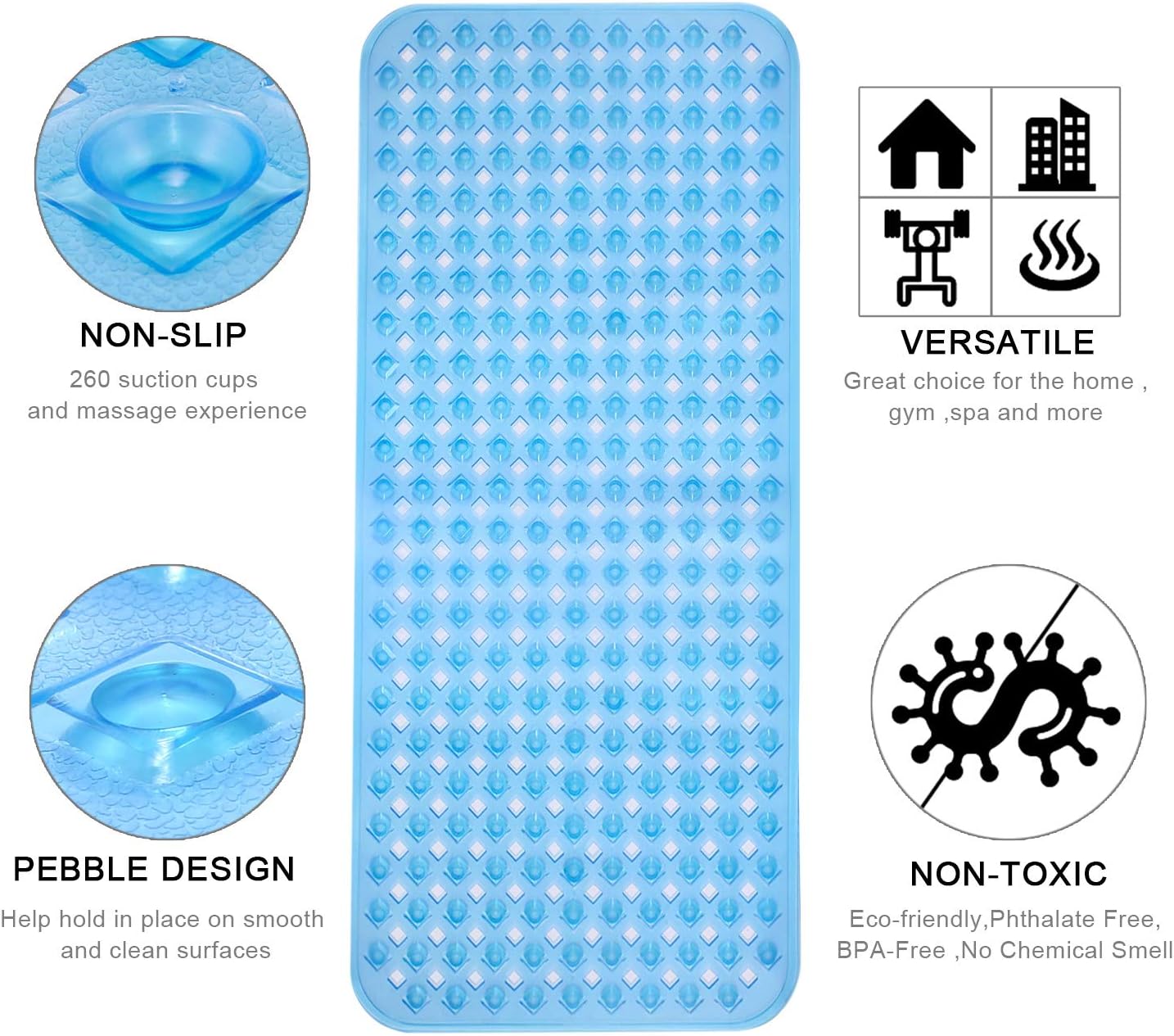 YINENN Bath Tub Shower Mat 35x15.5 Inch Non-Slip and Phthalate Latex Free,Bathtub Mat with Suction Cups,Machine Washable XL Size Bathroom Mats with Drain Holes (Blue): Health & Personal Care